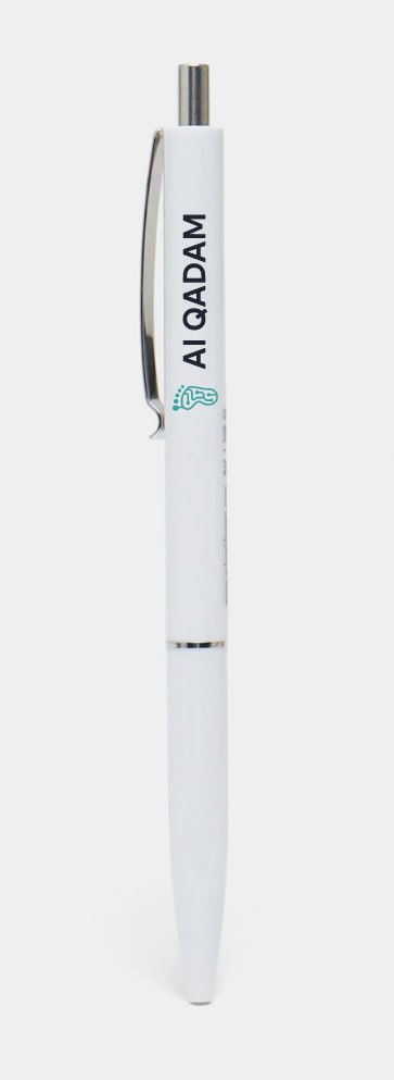 Matte white AI Qadam click pen with chrome push-button and clip, wordmark printed vertically near the top and the footprint mark in teal below